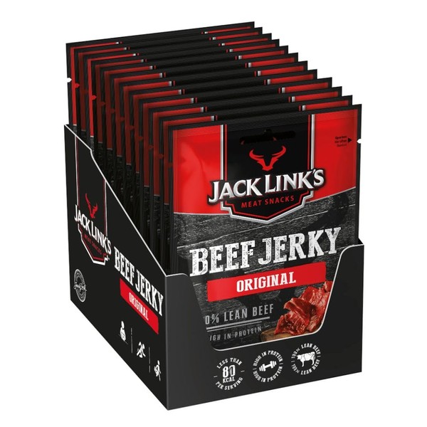 Jack Link's Beef Jerky Original - Pack of 12 (12 x 25 g) Clipstrip - Protein Rich Beef Jerky - Dried High Protein Jerky