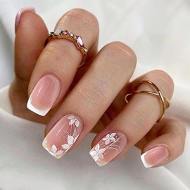 MrCuvaryas Pack of 24 French False Nails for Gluing, Press On Nails - White French Almond Artificial Nails, Square Pink White Acrylic Artificial Fingernails Natural for Nail Art (White Flowers)