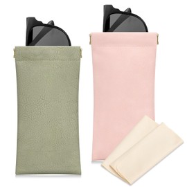 Sightor Sunglass Case, 2 Pcs Travel Soft Eyeglass Cases for Women Portable Squeeze Top Leather Glasses Pouch (Rose, Green)