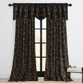 StangH Black Velvet Floral Scalloped Valance for Living Room, Luxury Printed Tier Curtain with Rod Pocket Light Blocking Farmhouse Window Treatment for Kitchen Office,W52 x L18, 1 Panel