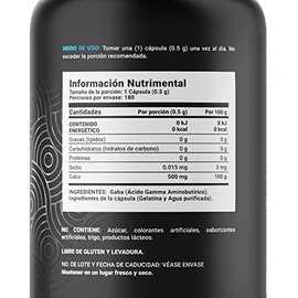 Gaba 500mg de 180 Cápsulas. Ingredientes naturales: Ácido Gamma Aminobutírico. Pure Gaba B Life.