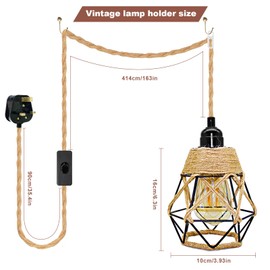 Vintage Pendant Light with Plug 510CM Cable Plug in Hanging Light Cord Industrial Hanging Light Kit with On/Off Switch Pendant Light Ceiling Lighting Fitting with Black Metal Lampshade mit Schalter