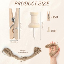 Mini Pegs for Photos Wooden Pegs, 150pcs Photo Clips Pegs for Card Hangers Small Pegs Mini Pegs and 10M Jute String for Picture Hanging Photos Wall Display Craft Weddings Party
