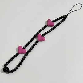 Caiyao Heart Beaded Phone Charm Y2K Wrist Strap Handmade Wristlet Keychain Anti-Lost Phone Lanyard-rose pink black
