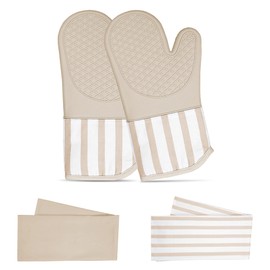 Oven Mitts Heat-Resistant – Silicone Oven Mitts and Kitchen Towels Set – Non-Slip Kitchen Mitts for Hot Pans and Pots, Cooking, Baking – Heat-Resistant Oven Gloves for Cooking with Cotton Lining