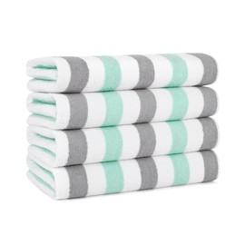 Arkwright Cabo Cabana Stripe Beach Towel - Pack of 4 - Large Soft Quick Dry Cotton Terry Towels for Pool, Swim, and Hot Tub, Oversized 30 x 70 in, Grey/Mint