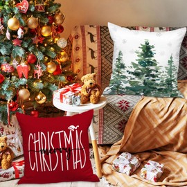 Lanpn - Juego de 4 fundas de cojín de Navidad de 55 x 55 cm, para decoración de invierno, pintura al óleo del bosque, 22 x 22 pulgadas, para interiores, hogar, recámara, sofá, decoración de invierno, color rojo