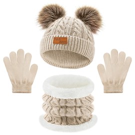 Warmiehomy Kids Hat Scarf and Gloves Set 3 in 1,Girls 3Pcs Winter Beanie Pompom Hat Fleece Lining Scarf Knitted Gloves Winter Accessories Sets for Aged 2-8 Children Outdoor Activities(Khaki)