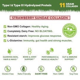 MariGold Grass-fed Collagen Peptides Powder Strawberry Sundae 1LB - 100% Pure, Type I & III Bovine Hydrolyzed Collagen, Non-GMO, Hormone Free, Soy Free, Gluten Free, Dairy Free, Keto-Friendly