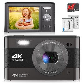 Digital Camera, FHD 4K Kids Camera 48MP Point and Shoot Digital Cameras with 32GB Card, 18X Zoom, Two Batteries, Lanyard, Compact Small Camera for Kids Boys Girls (Black)