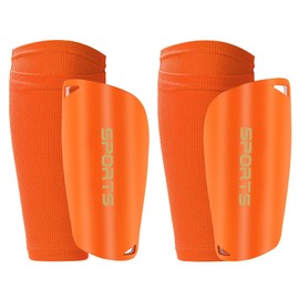 R2Depot Soccer Shin Guards, Shin Pads with Shin Guard Sleeves Set for Youth Adult, EVA Cushion Protection, Breathable Calf Protective Gear (Medium, Orange)