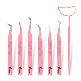 LIZMANN Eyelash Extension Tweezers (Pink Set of 7) – Professional Fiber Tip Lash Tweezers for Classic & Volume Lashes – Anti-Static Japanese Steel