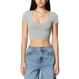 florence by mills Women's Happy Place Lounge Short Sleeve Crop Top, Heather Grey, Small