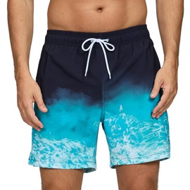 Mens Swim Shorts Fashion Gradient Swimming Trunks Quick Dry Beach Bathing Suits with Zipper Pockets Mesh Lining Gradient Waves S