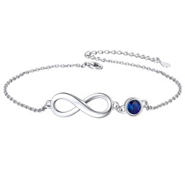 ChicSilver 925 Sterling Silver Anklet for Women, Minimalist Infinity Ankle Bracelet with Round Simulated Birthstone Foot Chain Summer Vacation Beach Jewelry (September - Sapphire)