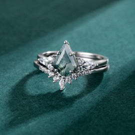 OLIVIASO Engagement Rings for Women,Moss Agate Rings Set for Women,925 Sterling Silver Kite Cut Moss Agate Engagement Rings for Women Size 7