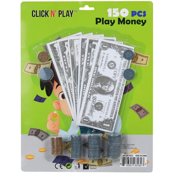 CLICK N' PLAY Pretend Play Money for Kids - 150 Piece Set of Realistic Bills & Coins, Perfect for Counting, Math & Currency Set Skills, Engaging & Educational Fake Money Collection for Children