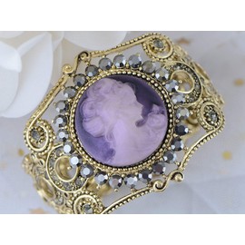 Alilang Womens Vintage Inspired Golden Tone Rhinestone Purple Victorian Cameo Lady Queen Princess Cuff Bangle Bracelet