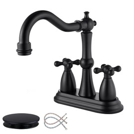 Matte Black Bathroom Faucet Antique, 4 Inch Centerset Bathroom Faucet 3 Hole, Stainless Steel Antique Bathroom Faucet Lavatory Faucet with Pop Up Drain Assembly and Supply Hose, SE-0038-BK