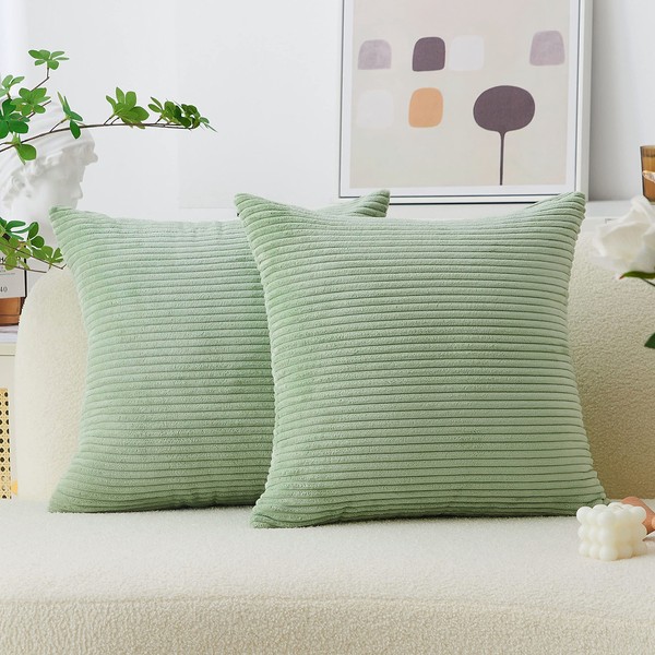Home Brilliant Sage Green Cushion Covers 45 x 45 Corduroy Cushion Cover Set of 2 Throw Pillow Covers for Sofa Cushions, 45x45 cm, 18 inch, Sage Green