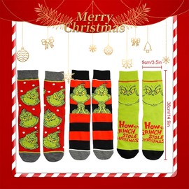 Christmas Socks, 3 Pairs of Grinch Cotton Socks, Colourful Patterned Christmas Socks, Funny Colourful Socks, Unisex Christmas Socks, Anime Pattern Socks, for Christmas, Birthday and Advent Calendar,