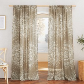 NICETOWN - Cortinas y cortinas Boho-Chic filtrantes de luz, mezcla de lino, bolsillo para barra, estilo casual y rústico, con diseño de medallón bohemio semitransparente para recámara/sala de estar, 52 x 84 pulgadas, color gris pardo, 1 par