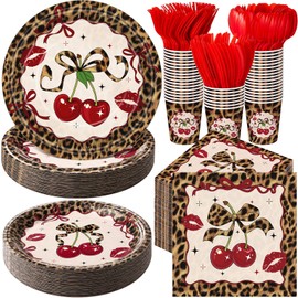Ziliny 350 Pcs Cherry Cheetah Print Birthday Decorations Cheetah and Cherry Party Supplies Y2K Cherries Leopard Print Plates for Wild Animals Girls Night Bachelor Party Serves 50