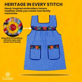 Cuitáxi Traditional Mexican apron for women with pockets beautiful flower embroidery XL - Mandiles para mujer mexicanos mandil Blue