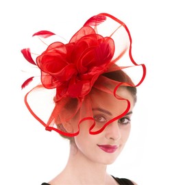Fascinator Women's Organza Church Kentucky Derby British Bridal Tea Party Wedding Hat Summer Ruffles Cap(Hj2-Red)