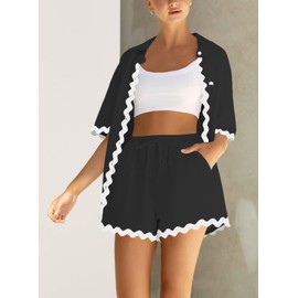 ARTFREE Women's 2 Piece Pajama Sets Short Sleeve Button Down Shirts and Shorts Outfit Sets Summer Beach Loungewear Black