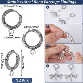 SUNNYCLUE 1 Box 12Pcs Silver Leverback Earring Hooks Round Earring Hooks French Earwires Textured Huggie Hoops Stainless Steel Lever Backs Ear Wire Earring Hooks Findings for Jewelry Making Supplies