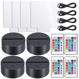 Honoson 4 Set 3D Night Light LED Lamp Base with Clear Acrylic Sheets Remote Controls and Charging Cables Adjustable 16 Colors 4 Modes for Child Room Bar(Square Style)