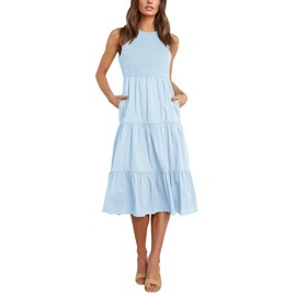 Atizon Womens Summer Sleeveless Dresses with Pockets Smocked Tiered Midi Beach Sundress Light Blue