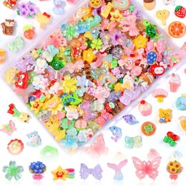 Vellibring 120Pcs Cute Flat Resin Charms, Assorted Kawaii Cartoon Resin Flatback Cabochons 120 Styles Mini Resin Ornaments for DIY Slime Crafts Hair C