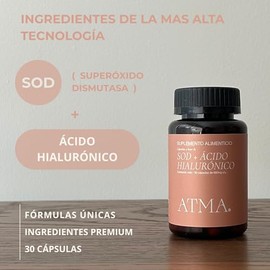 ATMA Suplemento Alimenticio SOD + Ácido Hialurónico 680 mg | 30 Cápsulas Vegetales | Antioxidante Natural y Cuidado Celular | Fórmula Premium | Sin Gl
