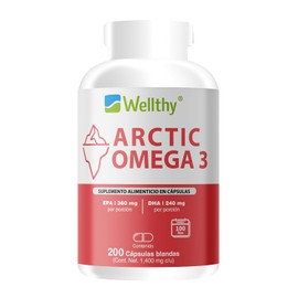 Wellthy Acrtic Omega 3 Softgel 200 Cpsulas. 360mg EPA, 240mg DHA, 100 Dias de Consumo, Hecho en Planta Certificada.                                   