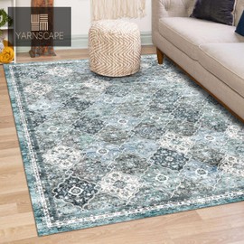 YARNSCAPE 5' x 7' Washable Area Rug - Low Pile Soft Vintage Indoor Rug for Living, Dining or Bedroom - Lightweight Carpet with Non-Slip Backing - Foldable for Easy Placement, Ocean Blue