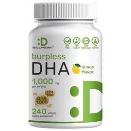 DHA Supplements | 240 Softgels, Burpless, Lemon Flavor, DHA 1000mg + EPA 500mg, Wild Caught Fish, Rich in Omega-3s, Mercury Free, Non-GMO, Support Brain Heart & Joint Health