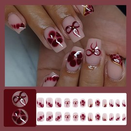 24 Pcs Pink Press on Nails Short Square Nail Tips,YEFIUO French Acrylic Fake Nails Press ons with Wine Red Flower Gilded Relief Design Glue on Nails Full Cover Reusable False Nails Art Kit for Ma'am
