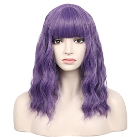 WildCos Short 14 Inches Pastel Wavy With Air Bangs Bob Cosplay Wig for Girl and Women Colorful Wigs (Violet)