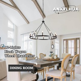 ANKYLHUA Black Wagon Wheel Chandelier 12-Light 38 Inch,Chandeliers for Dining Room Light Fixture,High Celling Light,Rustic Farmhouse Light Fixtures for Entryway Living Room Foyer Kitchen Island E12