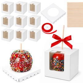 100 Pcs 4"x4"x4" Caramel Apple Boxes with Window, Base, Sticks & Ribbon