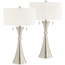 360 Lighting Rachel Modern Art Deco Table Lamps 28" Tall Set of 2 Concave Column Hourglass Silver Metal White Drum Shade for Living Room Bedroom House Bedside Nightstand Home Office Reading