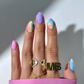 Colorful Press on Nails Short Fake Nails Almond Glue on Nail Purple Blue Pink False Nails Glossy Full Cover Nails Press Ons for Women DIY Stick on Nail Decoration Set 24Pcs