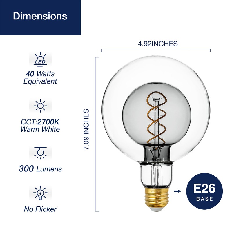 FLSNT G125(G40) Vintage Large Dimmable LED Bulb, 2700K Soft White,
