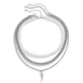 Generisch Pearl Necklace White Pearl Necklace for Men Faux Pearl Necklace Men's Necklaces Multilayer Creative Stackable Necklaces Men's Pearl Necklace 3 Pieces Feather Pearl Pendant for Pearl Chain