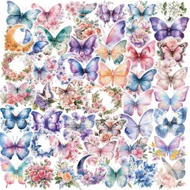 50 Butterfly Stickers, PET Waterproof Transparent Colorful Resin Decals Self-Adhesive Scrapbooking Stickers Supplies Journal Stuffers for Adult Card Making Letters DIY (Butterfly)
