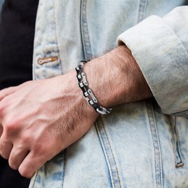 COOLSTEELANDBEYOND Mens Steel Silver Black Motorcycle Bike Chain Twisted Wire Bangle Bracelet, Spring Clasp（CA）