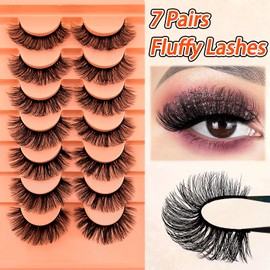7 Pairs of 3D False Eyelashes, Cat Eye, Fluffy Volume, Curly, Cat-Eye, Artificial Eyelashes, Natural Look, Reusable, Handmade Faux Mink Makeup Eyelashes (7C-HR-E05)
