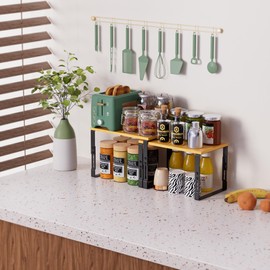 Adjustable Storage Shelves for Kitchen Cabinet Organization - Set of 2 Stackable Metal & Engineered Wood Racks, Space-Saving Design for Countertop/Pantry/Garage, Easy Assembly(1 Pack/Medium/Black)